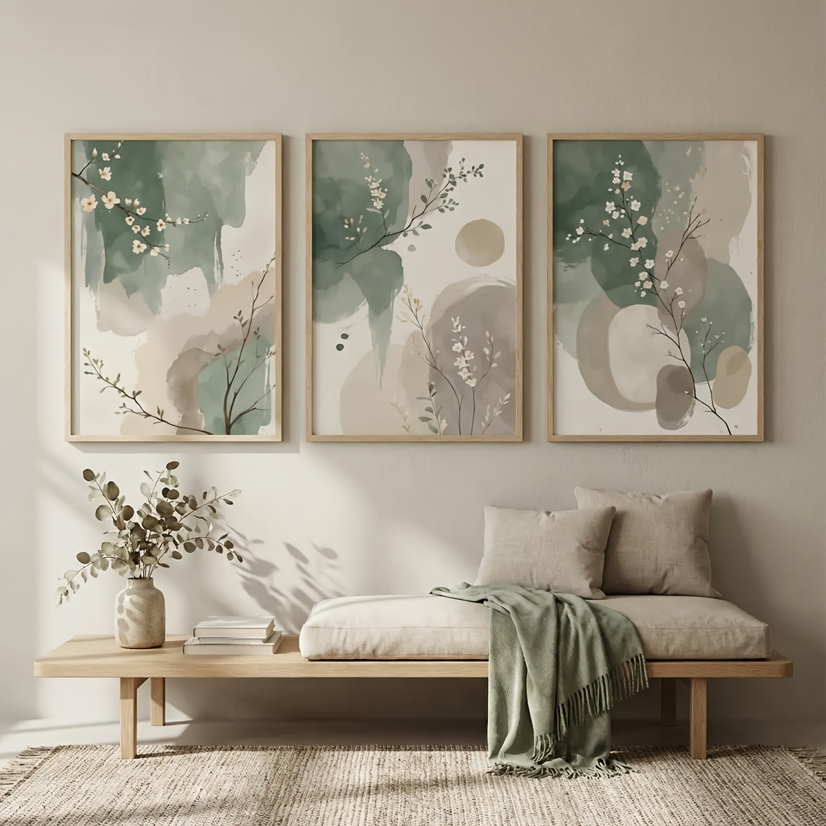 Home Office Student - 3-teiliges Japanisches Pflanzen-Leinwandbild Rahmenlose Abstrakte Aquarell-Salbeigrün