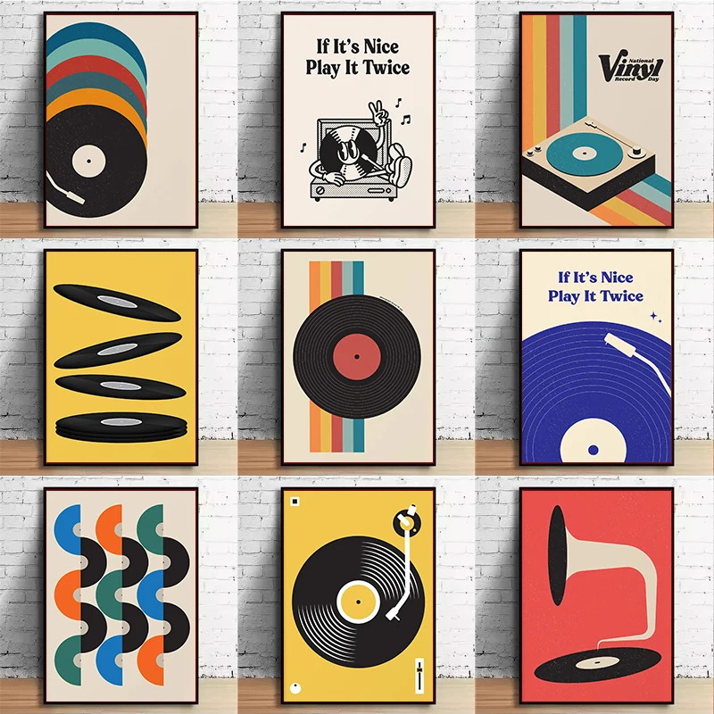 Home Office Minimalist - Mid-Century Vinyl-Schallplatten-Leinwand-Wandkunstdruck, ungerahmtes minimalistisches Musik-Pastell-Poster für
