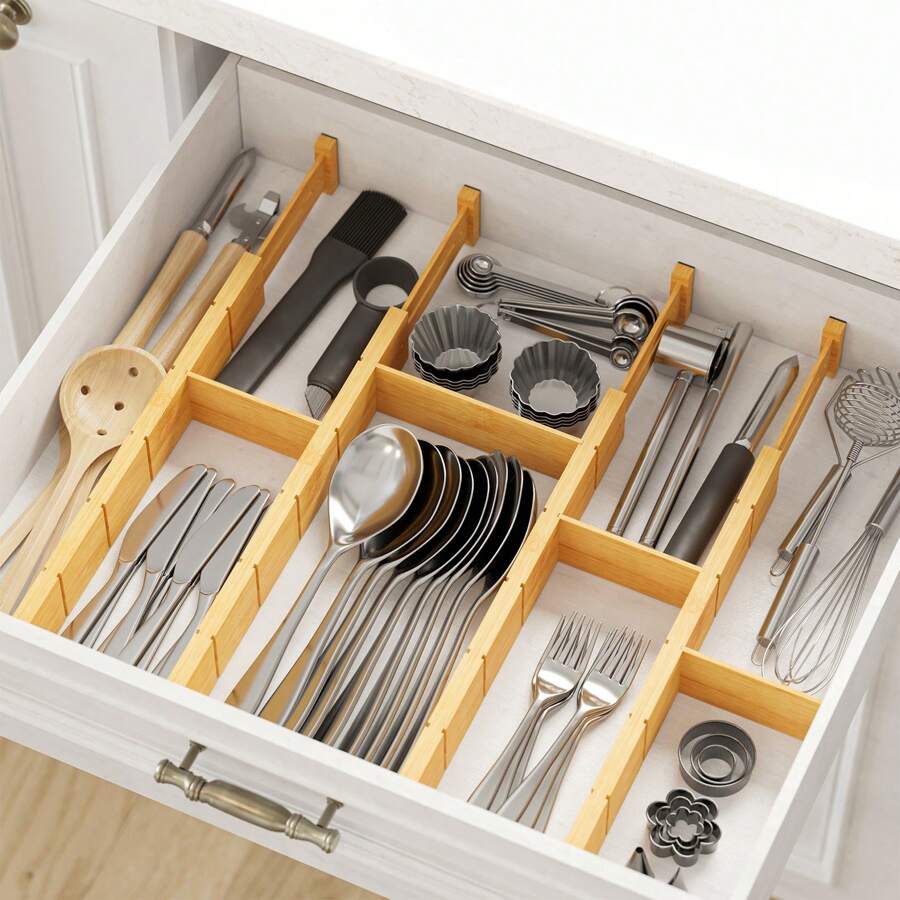 Home Office Organization - Bambus-Schubladenteiler mit Einsätzen und Etiketten, verstellbare