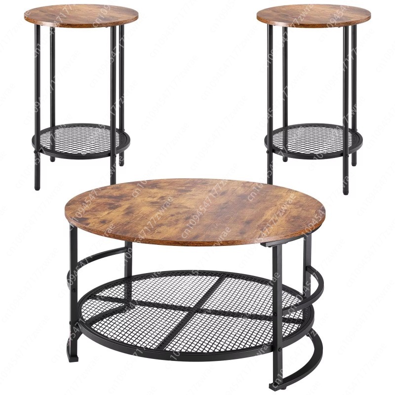 Home Office Industrial Design - Industrielles Wohnzimmer-Couchtisch-Set, 3-teilig, runde Metallbeine, einfache