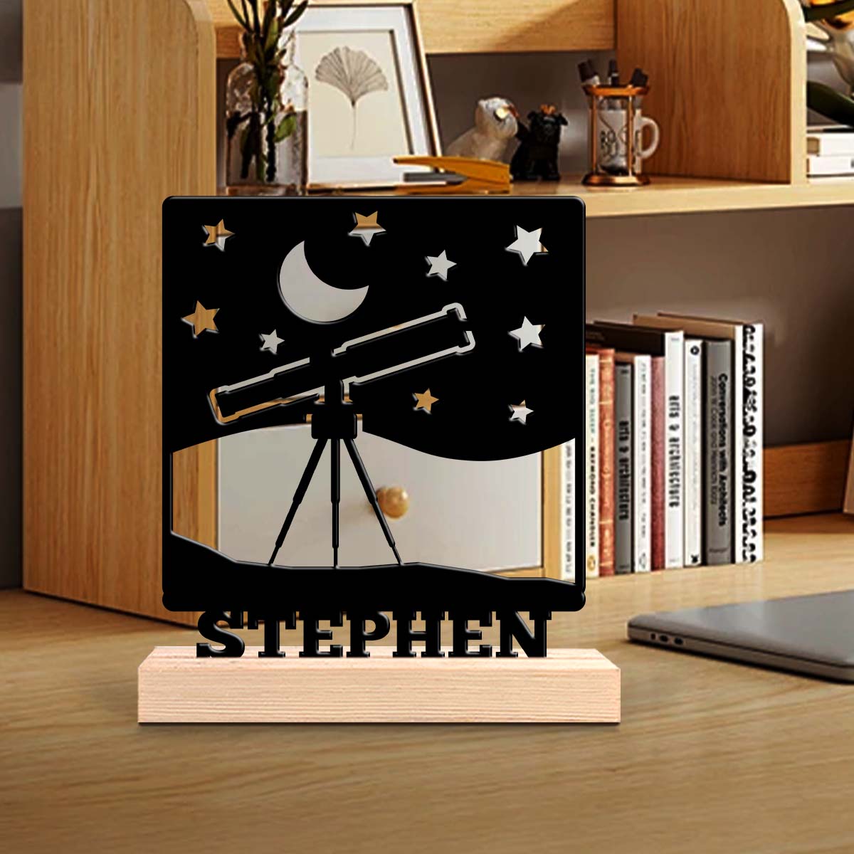 Home Office Gifts - 1 Stück Maßgefertigtes Teleskop-Sternenhimmel-Ornament mit Holzsockel