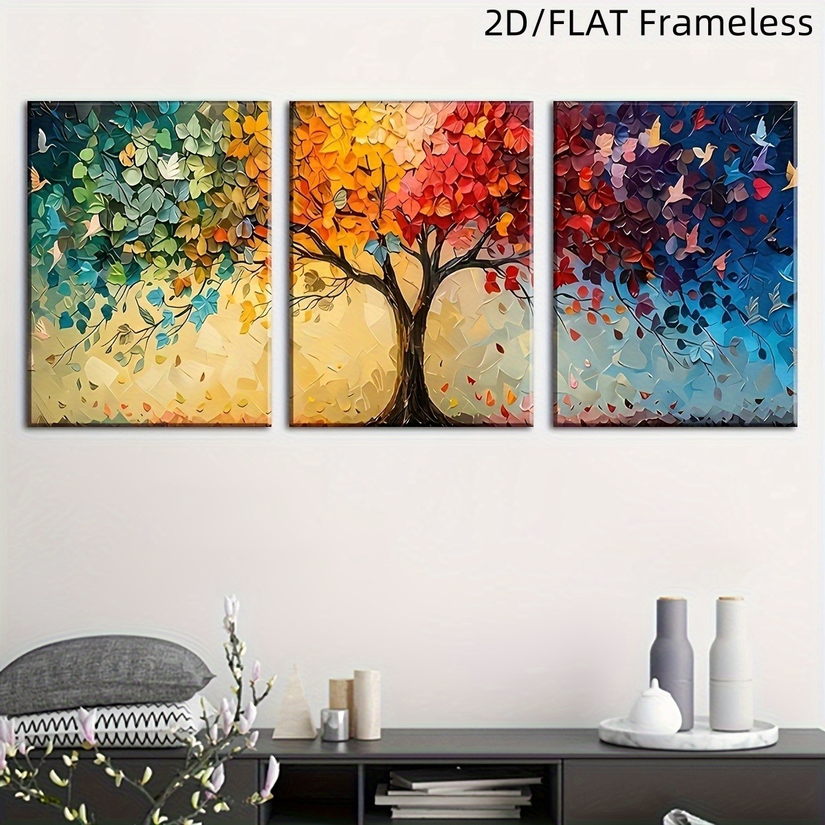 Home Office Minimalist - 3-teiliges Set Farbenfrohe Abstrakte Baum-Leinwandbilder Rahmenlose