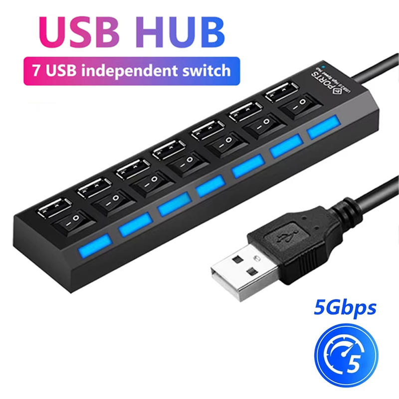 Home Office Setup - 7-Port-USB-2.0-Hub-Splitter für Laptop-Computerzubehör, LED-Anzeige, unabhängige Steuerung,
