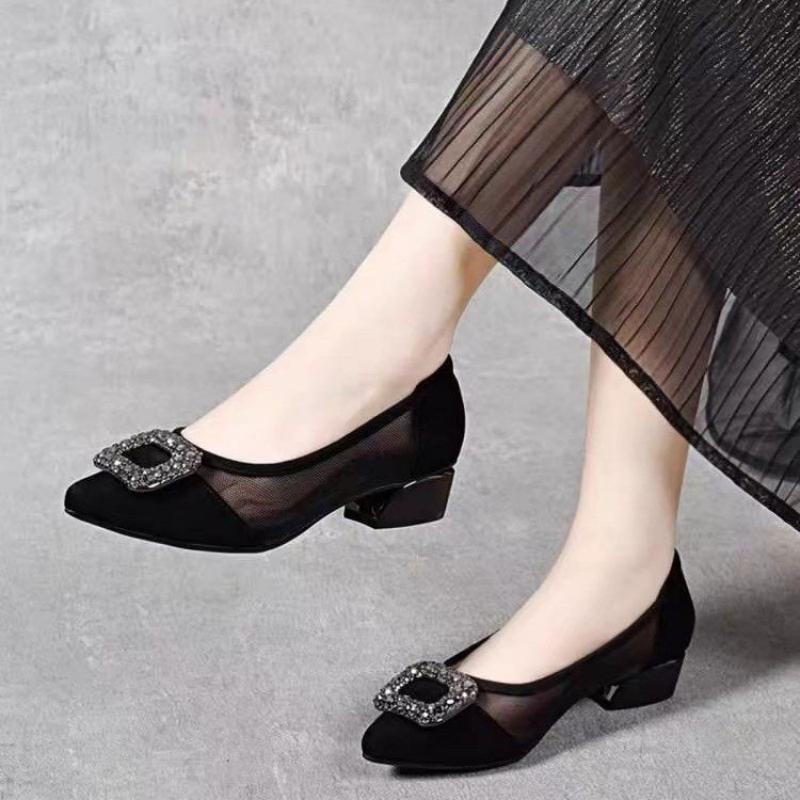 Home Office Size - Elegante Spitze Mesh-Pumps mit Blockabsatz, Strass-Quadratschnalle